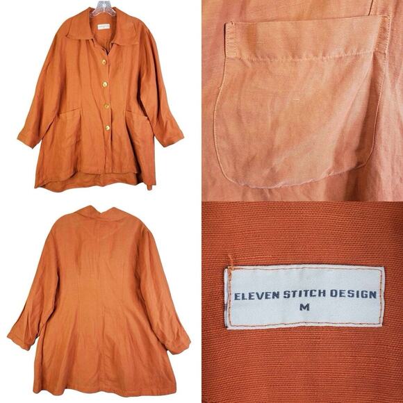 Eleven Stitch Design Shirt Long Button Up Women’s Size Medium M Orange Linen - Picture 1 of 8